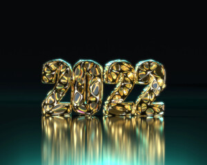 2022 typography glossy gold wireframe decoration 3d rendering background