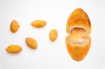 Chicken ala Kiev small with cheese and diced vegetables. Isolated on a white background.