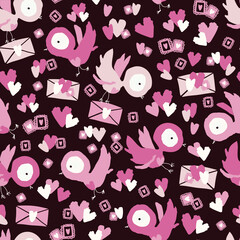 Valentines Day themed surface pattern. Charming little letter doves deliver love letters all around Valentines Day. 