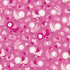 Valentines Day themed surface pattern. Charming little letter doves deliver love letters all around Valentines Day. 