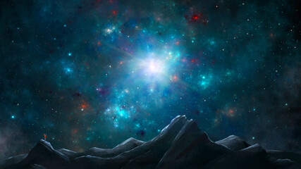 Climber, man in jacket standing on mountain with colorful blue fractal nebula with star field and sun. Digital painting, 3D rendering