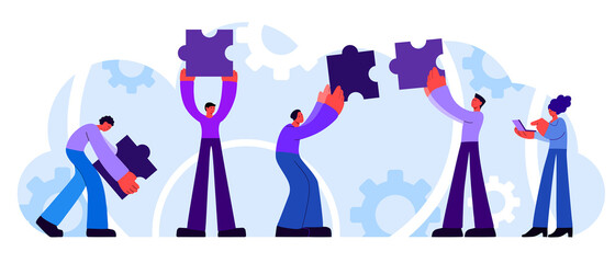 Teamwork solution to put together by cooperating and helping each other, an abstract illustration of working together, disproportionate bodies of people. Vector graphics