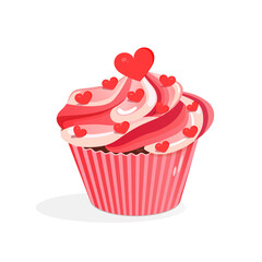 Sweet pink cupcake with hearts.Vector illustration of cupcake icon for postcard, textile, decor, poster, banner. Greeting card for Valentine's Day and other holidays.