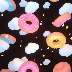 3d rendered cartoon donuts and sky pattern.