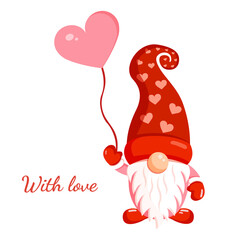Illustration of a romantic gnome with an inflatable ball for banner, postcard, textiles, decor. Scandinavian nordic gnome, cute elf for valentine's day.