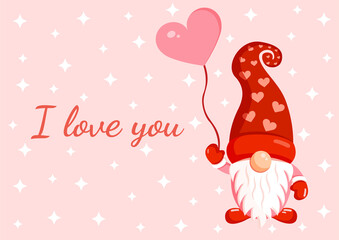 Fototapeta na wymiar Illustration of a romantic gnome with an inflatable ball for banner, postcard, textiles, decor. Scandinavian nordic gnome, cute elf for valentine's day.