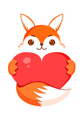 Cute fox is holding a big red heart. Vector fox illustration for valentine's day for postcard, textile, decor, poster. Love message.