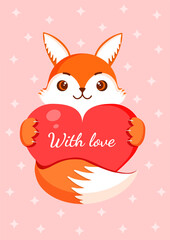 Cute fox is holding a big red heart. Vector fox illustration for valentine's day for postcard, textile, decor, poster. Love message. Greeting card.