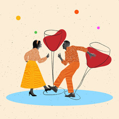 Contemporary art collage. Dancing couple in retro 70s, 80s styled clothes isolated over light background with drawings