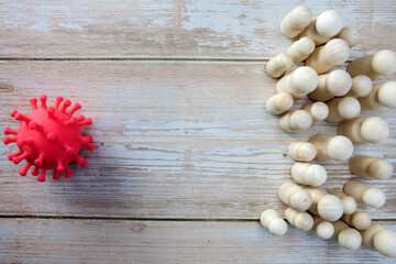 group of people standing against bacteria, virus covid-19, Social distancing wooden background copy space