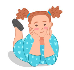 Little girl lies on her stomach and holds her head with her hands, dangling her legs. Illustration of child who is enthusiastically listening to someone. Isolated illustration on white background