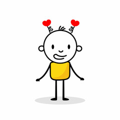 Man with red hearts isolated on white background. Hand drawn doodle line art man. Concept of love. Vector stock illustration.