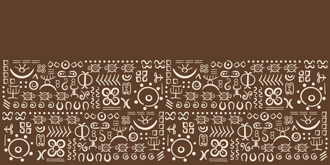 Primitive ethnic symbols, ritual signs. Hand drawn Horizontal border