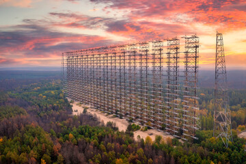 Ukraine,KyivOblast, Chernobyl, Aerial view of remains of Russian Woodpecker radar at sunset