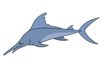 Swordfish. Marlin. Saltwater fish with a long upper jaw in the form of a spear. Ocean dweller. An active predator. Colored vector illustration. Cartoon style. Isolated background. Idea for web design, - obrazy, fototapety, plakaty