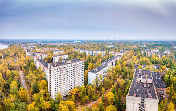 Ukraine, Kyiv Oblast, Pripyat, Aerial view of abandoned city in autumn