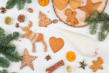 Christmas preparations. Hands decorate handmade Christmas gingerbread with glaze, icing sugar. Female hands paint Christmas gingerbread cookies.