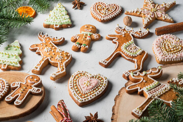 Christmas homemade gingerbread cookies, festive homemade decorated sweets. Assortment of decorated...