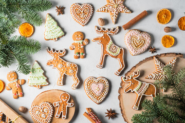 Christmas homemade gingerbread cookies, festive homemade decorated sweets. Assortment of decorated Christmas cookies.