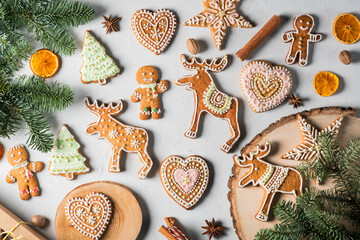 Christmas homemade gingerbread cookies, festive homemade decorated sweets. Assortment of decorated Christmas cookies.