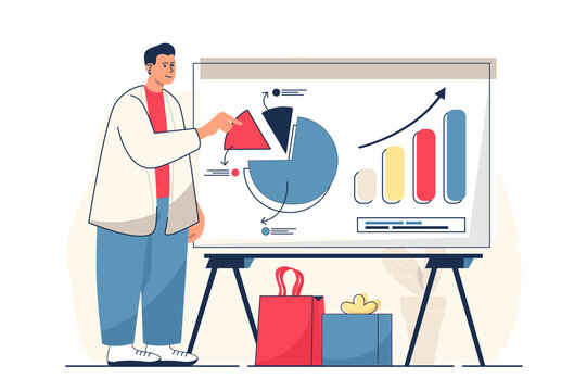Sales performance concept for web banner. Man analyzes financial data, makes presentation, business statistics modern person scene. Illustration in flat cartoon design with people characters