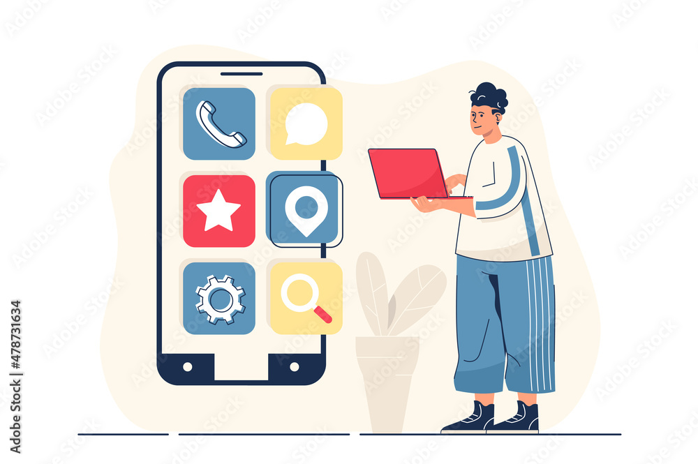 Aufkleber App development concept for web banner. Man creates interface layout of mobile apps and places graphic elements, modern person scene. Illustration in flat cartoon design with people characters