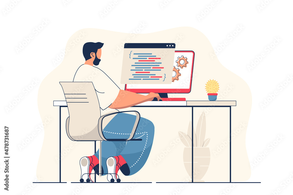Leinwandbilder Programmer working concept for web banner. Man work with code and programming at computer, creates software modern person scene. Illustration in flat cartoon design with people characters