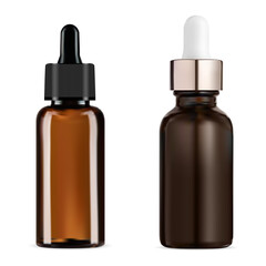 Dropper bottle. Amber glass cosmetic serum bottle, vector isolated on white. Essential oil gold eyedropper vial, collagen treatment product. Natural essence pipet flask design