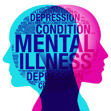 A male and female side silhouette positioned back-to-back, overlaid with various sized words related to the topic of mental health and depression.