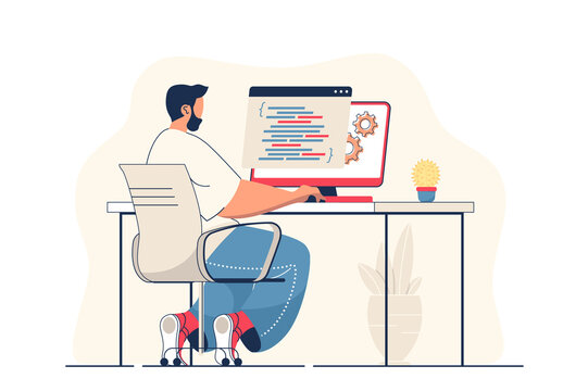 Programmer working concept for web banner. Man work with code and programming at computer, creates software modern person scene. Illustration in flat cartoon design with people characters