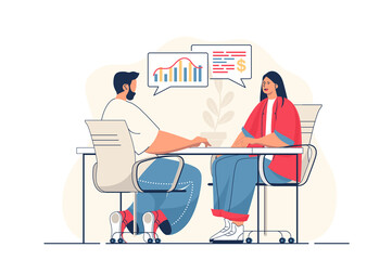 Business meeting concept for web banner. Man and woman discussing work tasks and financial strategy of company, modern person scene. Illustration in flat cartoon design with people characters