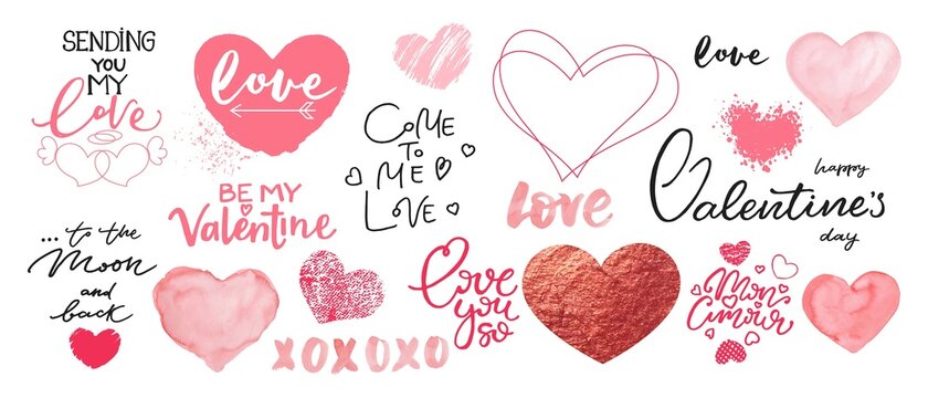 Valentine's day decorative elements. Set of hearts, romantic lettering, phrases for card, social media, messages, email.