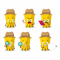 Detective yellow chalk cute cartoon character holding magnifying glass