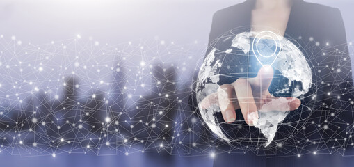 International business concept.Hand touch digital screen hologram world, earth, map, globesign on...
