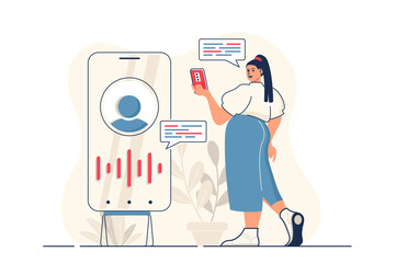 Virtual assistant concept for web banner. Woman calls or writes message to hotline or customer support service, modern person scene. Illustration in flat cartoon design with people characters