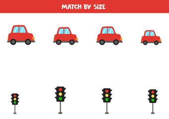 Matching game for preschool kids. Match cars and traffic lights by size.