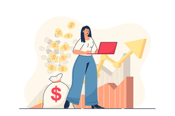 Business growth concept for web banner. Businesswoman analyzes business data and financial statistics, leadership modern person scene. Illustration in flat cartoon design with people characters