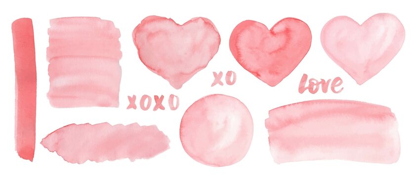 Set of pink watercolor Valentine's day design elements, place for text. Hearts, Love lettering, backgrounds.