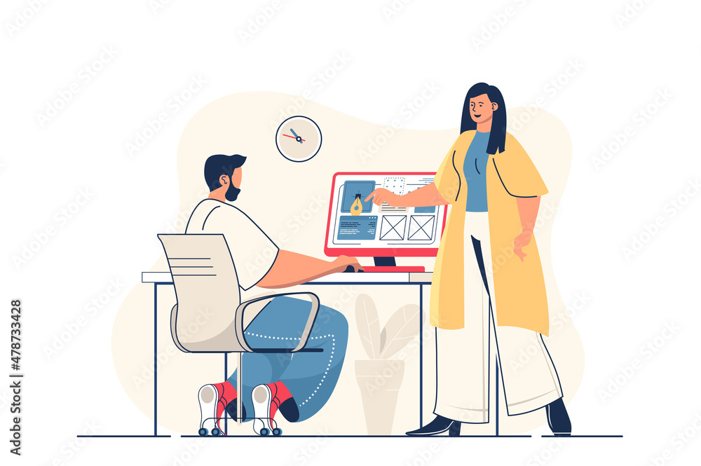 Fototapete Design studio concept for web banner. Woman and man designers team create website layout and draw elements, modern person scene. Illustration in flat cartoon design with people characters