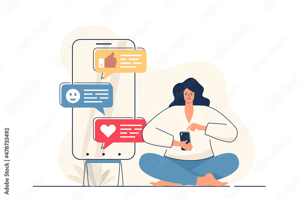 Poster social network concept for web banner. woman writes messages, chats, browsing news feed, posts and l