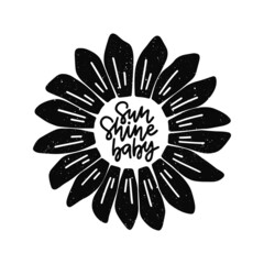 Vector black silhouette sunflower illustration. Hand drawn summer flower isolated on white background. For poster, t shirt print, sticker, card.