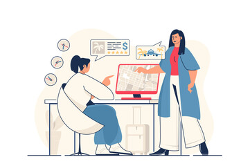 Travel agency concept for web banner. Woman chooses vacation tour, operator helps tourist with traveling, modern person scene. Illustration in flat cartoon design with people characters