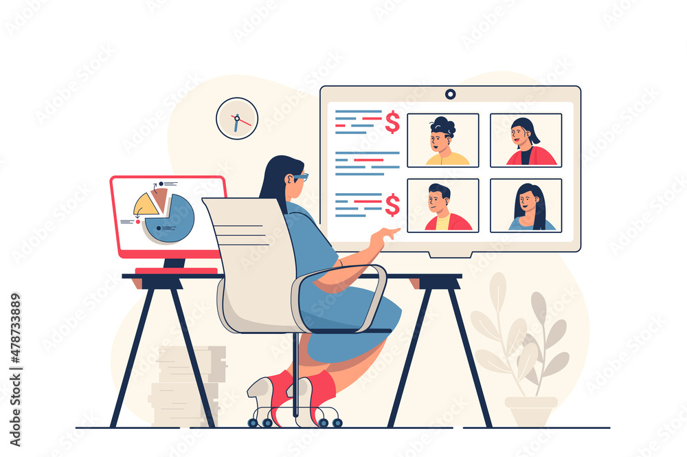 Poster video business conference concept for web banner. colleagues discuss work tasks in group chat at onl