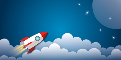 Rocket with clouds rising up the sky as metaphor for business and financial growth, Success and financial developing, Business growth concept, space for the text. paper cut design style.