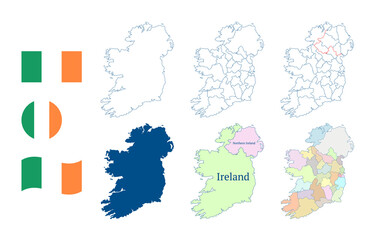 Ireland map. Detailed blue outline and silhouette. Administrative divisions and counties. Country flag. Set of vector maps. All isolated on white background. Template for design and infographics.