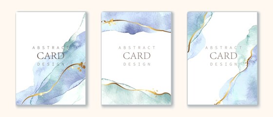 Set of vertical backgrounds. Blue, turquoise watercolor fluid painting. Dusty pastel, neutral and golden marble. - obrazy, fototapety, plakaty