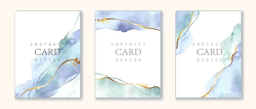Set of vertical backgrounds. Blue, turquoise watercolor fluid painting. Dusty pastel, neutral and golden marble.