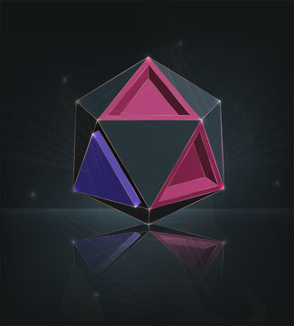 Realistic polyhedron with colored faces on a dark background with reflection and shine. Vector illustration