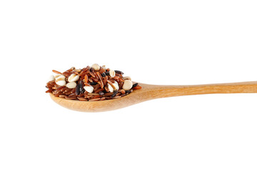 Multigrain, gaba rich in wooden spoon isolated on white background, Stop motion, food and drink object design.