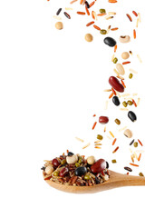 Multigrain, bean splash in wooden spoon on isolated on white background, Stop motion, food and drink object design.